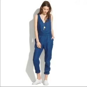 Madewell Jumpsuit Blue Straight Leg 100% Linen Pockets Cut-Out Elastic Back 4
